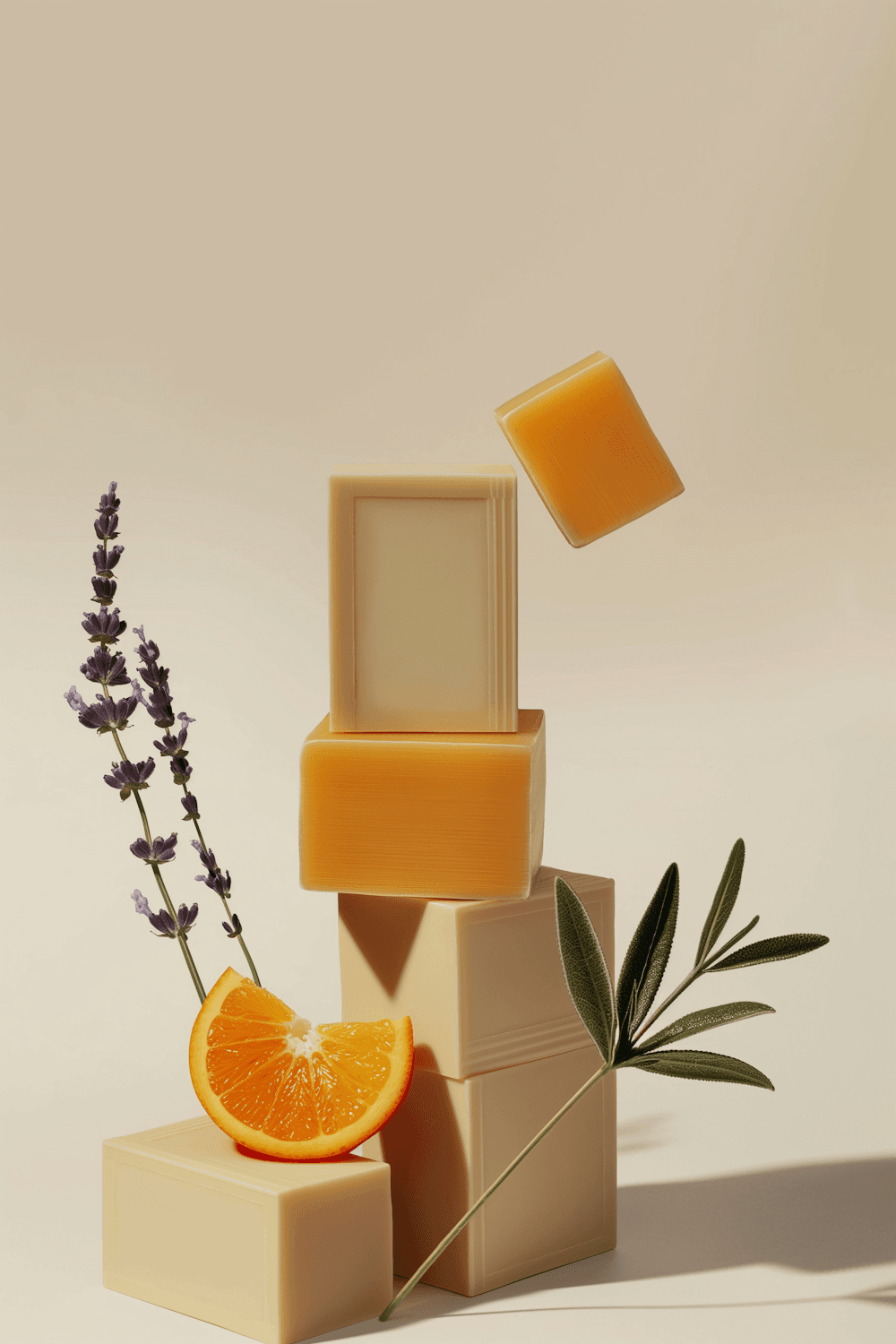 Stack of orange and cream soap bars beside an orange wedge, lavender stems and a sage leaf